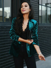 Aurohaya Velvet Blazer for Women with Notch Lapel Elegant Vintage Single-Breasted Long-Sleeve Jacket